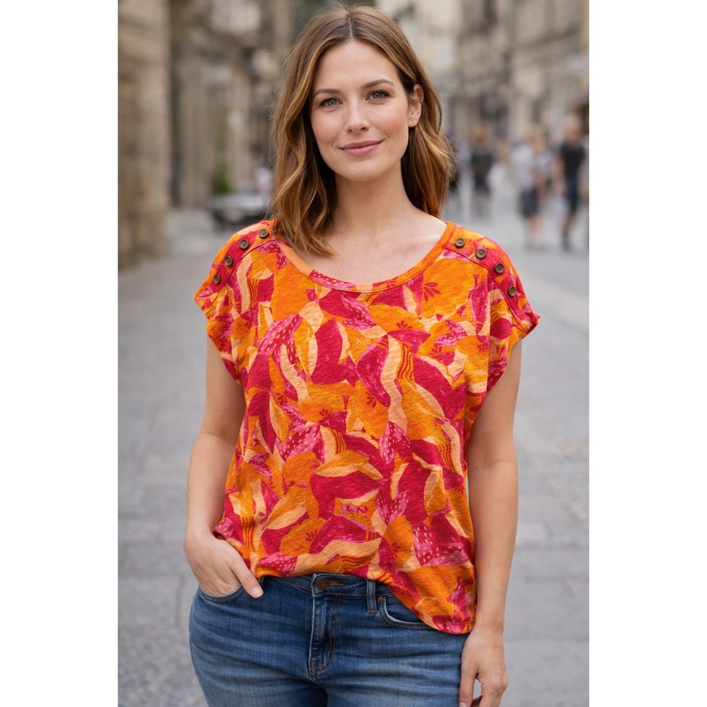 Cynthia Rowley Top Womens Small Scoop Neck Short Sleeve Orange Pink Graphic Boho